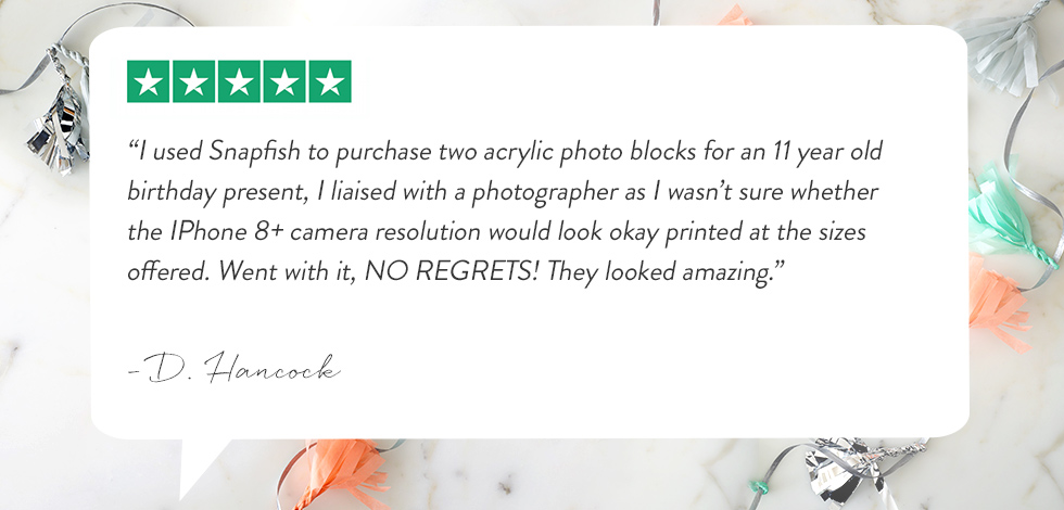 Customer review for purchase of acrylic photo block.