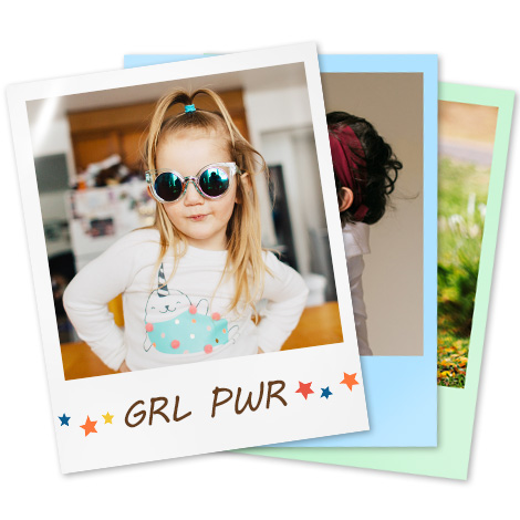 image of child wearing sunglasses text in border says GRL PWR 