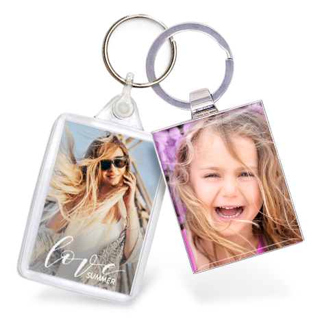 Two keyrings showing women and child