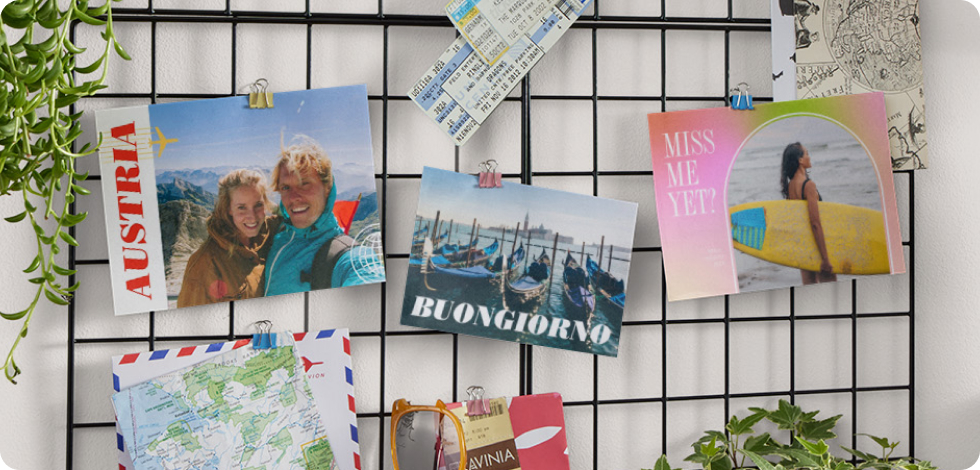 Postcards hanging on the wall