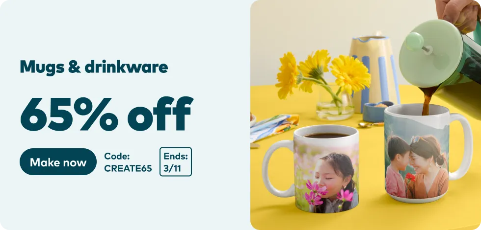65% off all Mugs & Drinkware